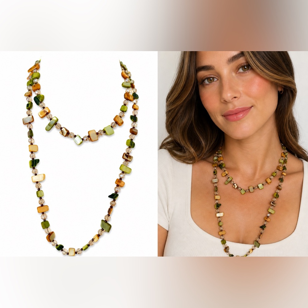 Artisan Green & Amber Bead Long Necklace